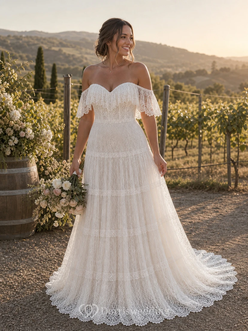 Boho Off-the-Shoulder Lace Vintage Wedding Dress with Layered Skirt view 12