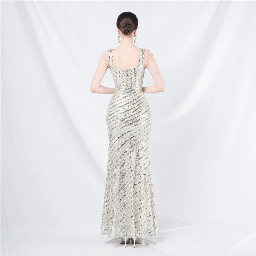 Craft Sequined Velvet Bottom Handmade Beaded Long Elegant Light Luxury Evening Dress view 75