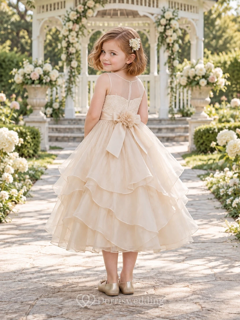 Tea-length Ivory A-line Organza Sleeveless Illusion-Neck Flower-waist Layered Flower Girl Dress view 2