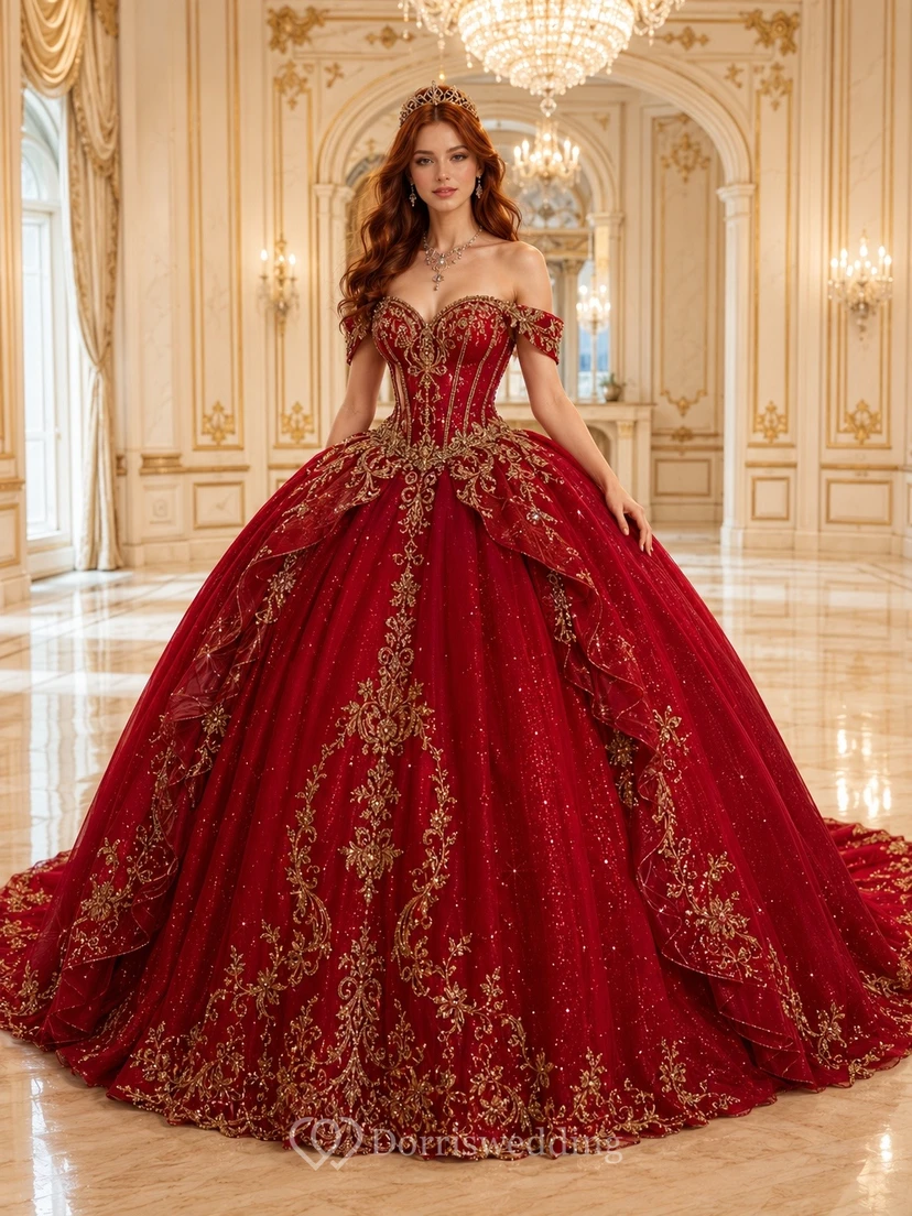 Vestido de quinceañera rojo de princesa con hombros descubiertos y bordados dorados