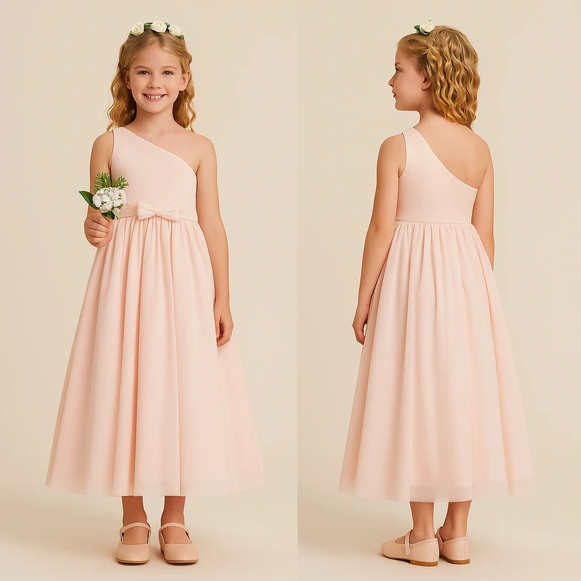 Blush One-shoulder Chiffon Ankle-length Flowergirl Dress view 3