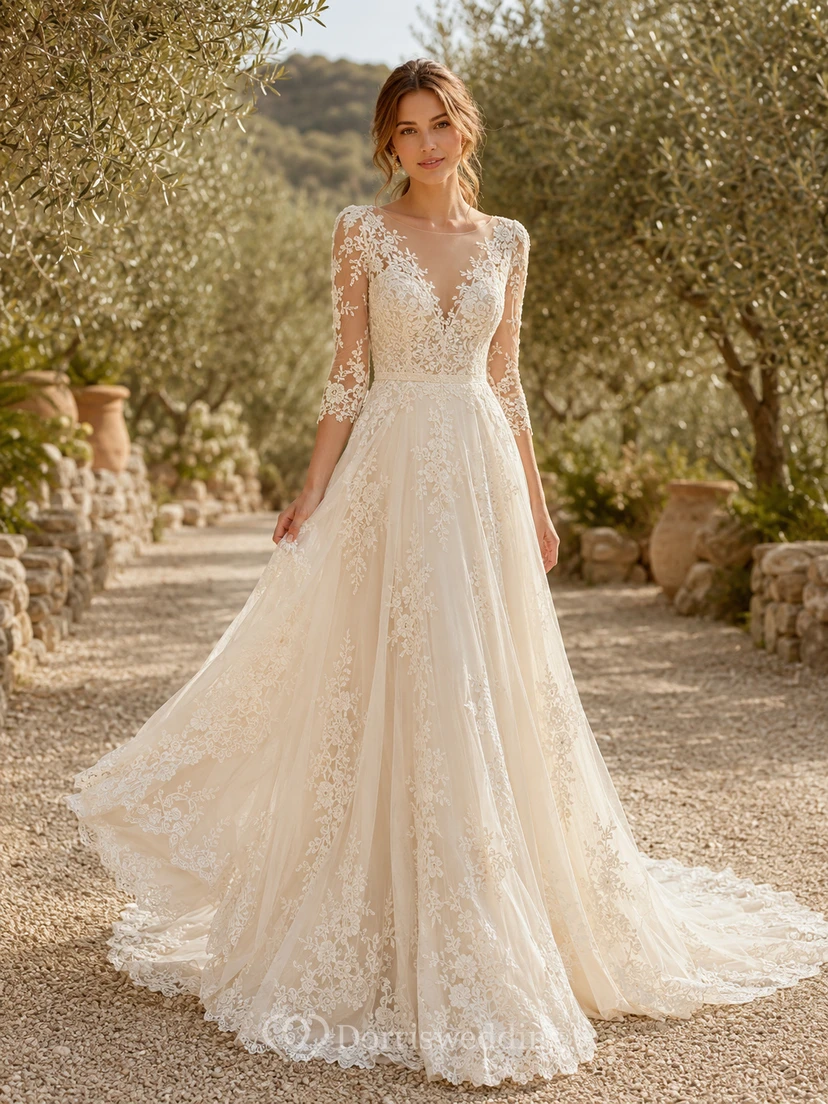 Vestido de novia bohemio modesto de corte capilla con cuello alto, mangas largas de encaje ilusión y corte en A