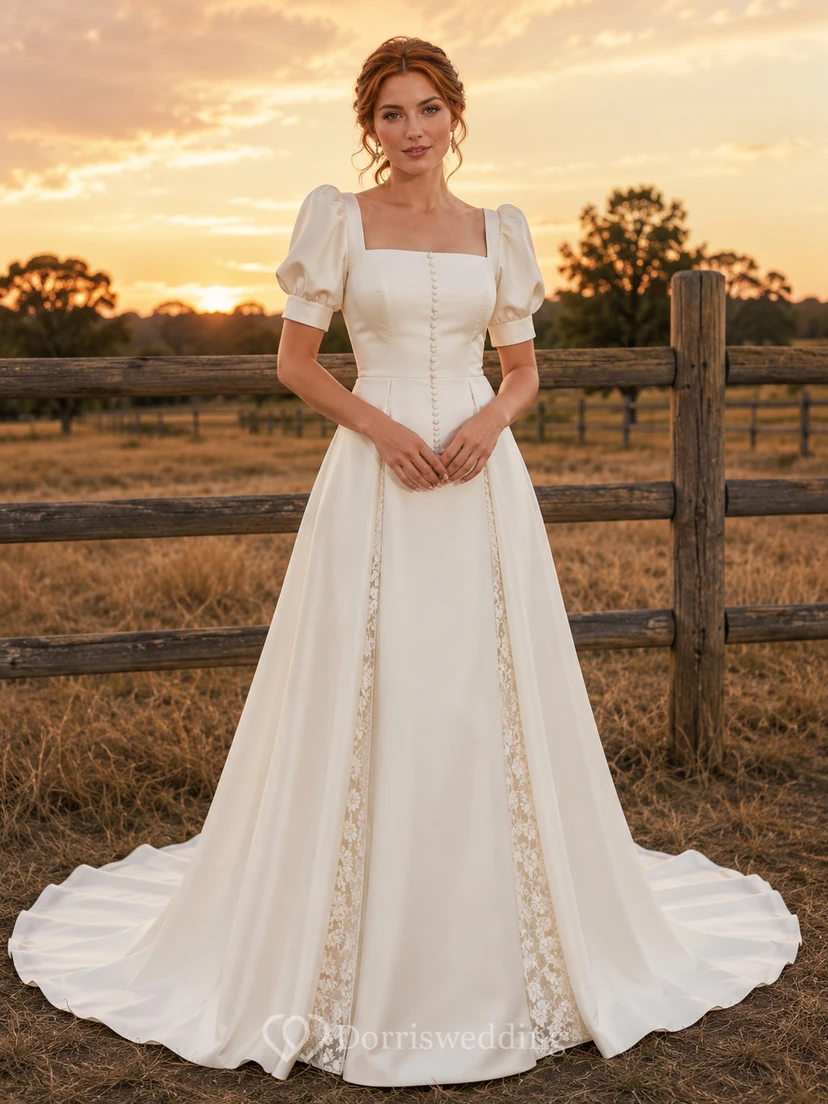 Lace Tulle Wedding Dress A-Line V-Neck Sleeveless Chapel Train Bridal Gown