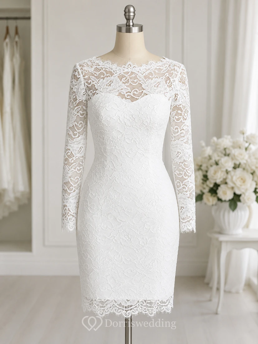 Robe de mariée courte en dentelle blanche | Robe de mariée décontractée longueur genou avec manches view 7