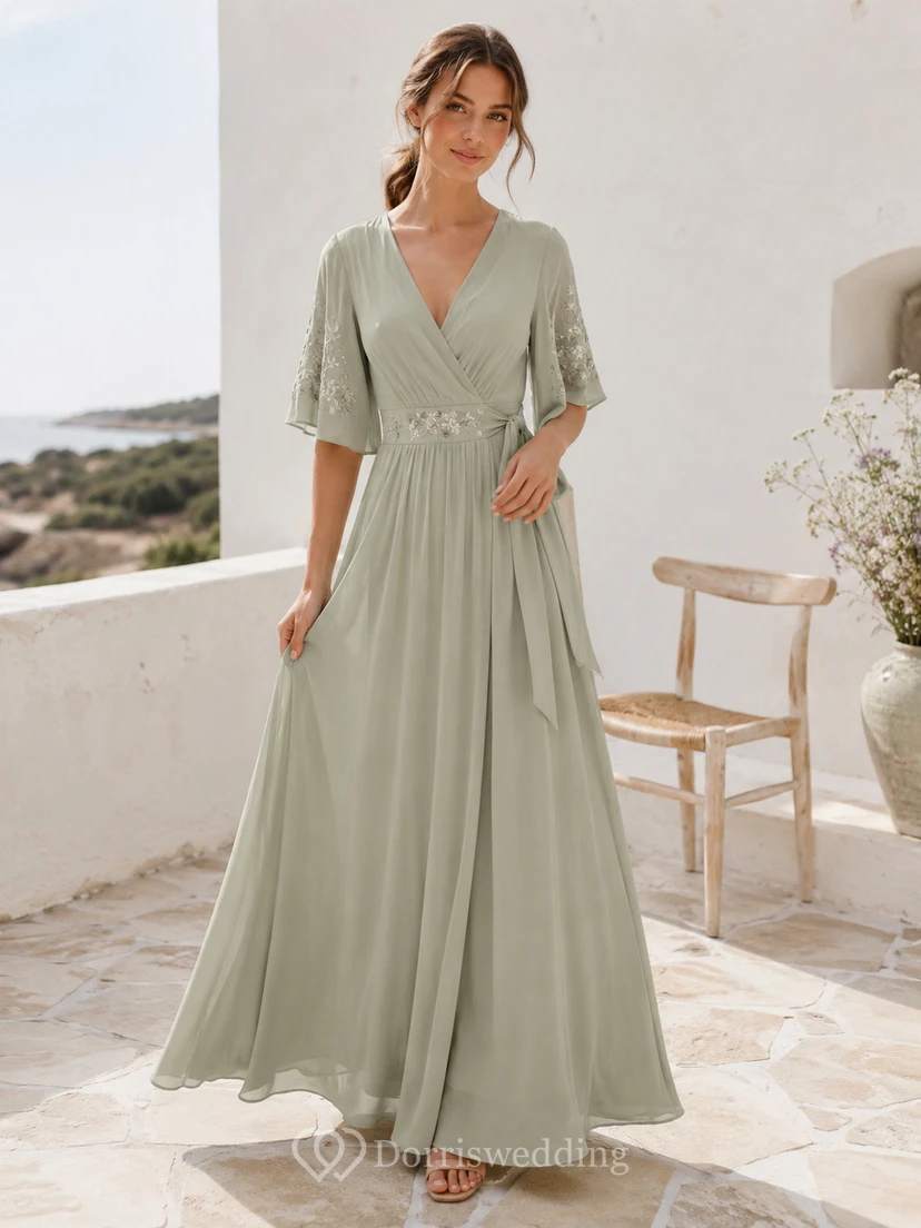 Vestido de invitada largo hasta el suelo, de corte A, con escote en V, manga corta, falda acampanada, encaje, fajín/cinta, espalda baja y cuello en V, color celadón.