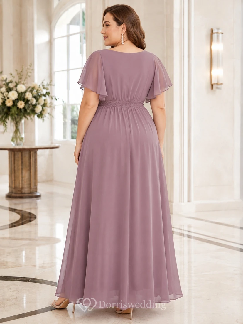 Mauve Chiffon V-neck Flutter Sleeve Empire Floor-length A-Line Plus Size Dress view 2