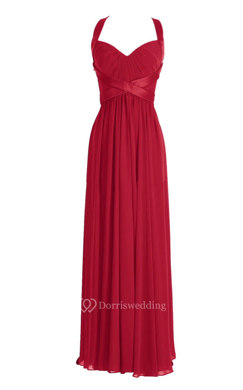 Halter Pleated Chiffon A-line Gown With Deep-v Back view 8