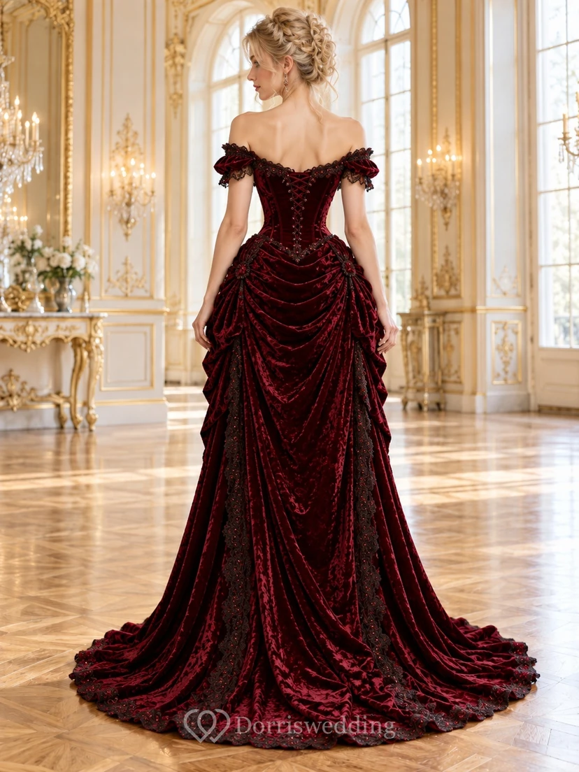 Viktorianisches burgunderrotes schulterfreies, drapiertes Samt-Korsett-Abendkleid view 2