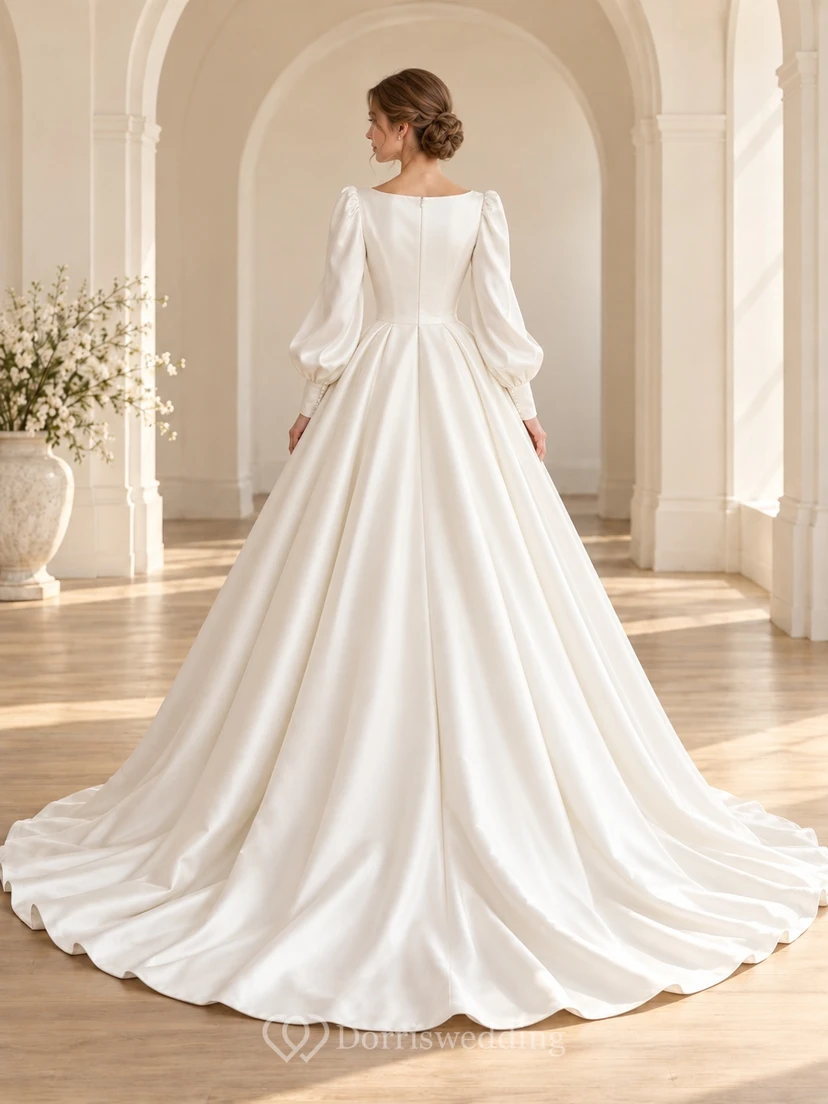 Modest Simple Bateau Balloon Sleeve Satin Pleated Ball Gown Wedding Dress view 2