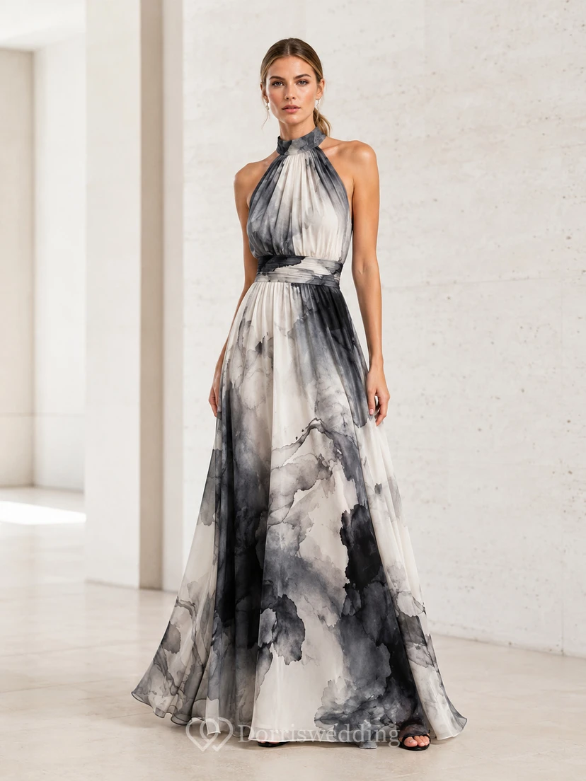 Black Ink Wash Halter Chiffon A-Line Maxi Evening Dress