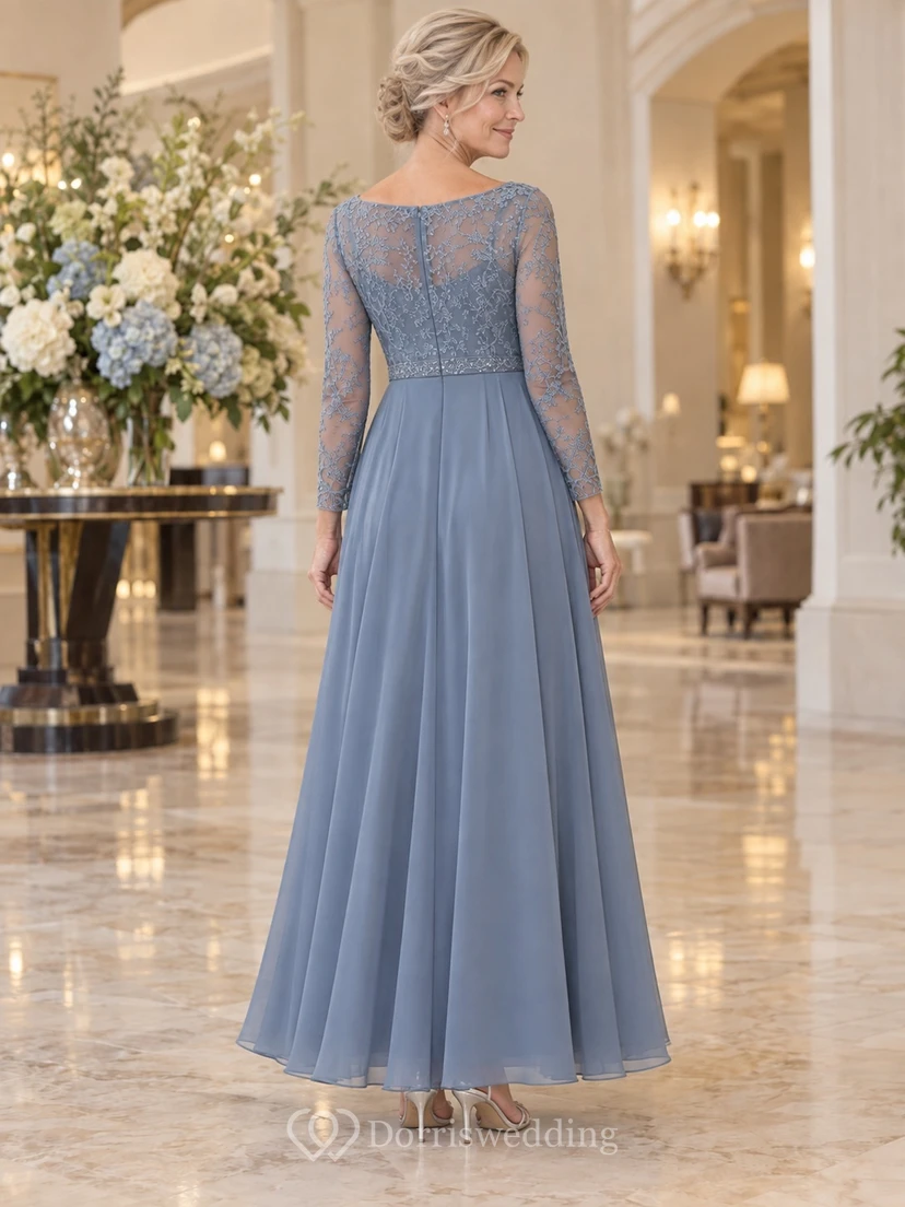 Staubblaues Brautmutterkleid im Empire-Stil, A-Linie, Teelänge, U-Boot-Ausschnitt, lange Ärmel, drapiert, aus Spitze view 2