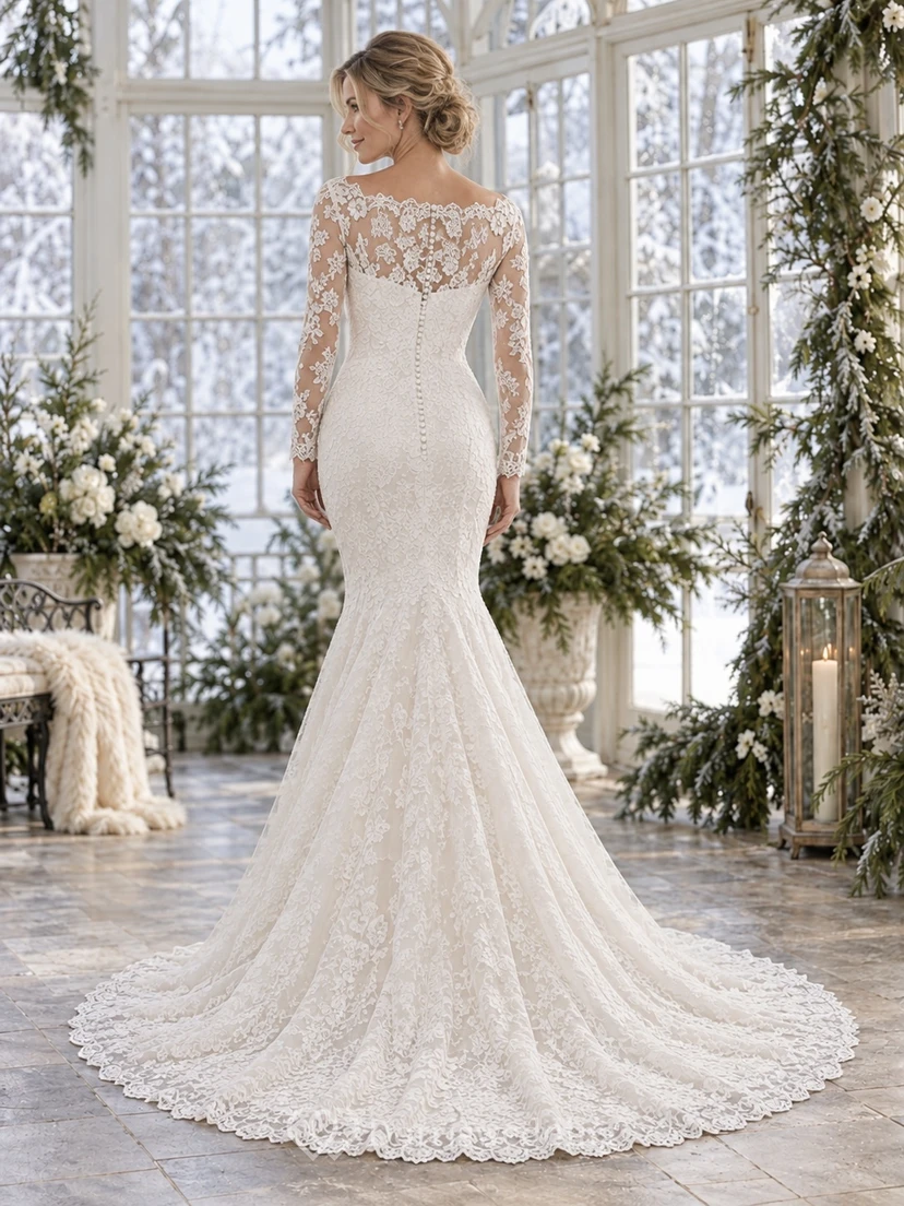 Vestido de novia de sirena con cola de encaje, mangas largas y escote barco festoneado view 2