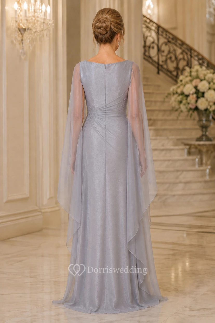 Mother of the Bride Silver Chiffon Sheath Cape Sleeve Bateau Neck Floor-Length Dress with Cape Sleeves view 2