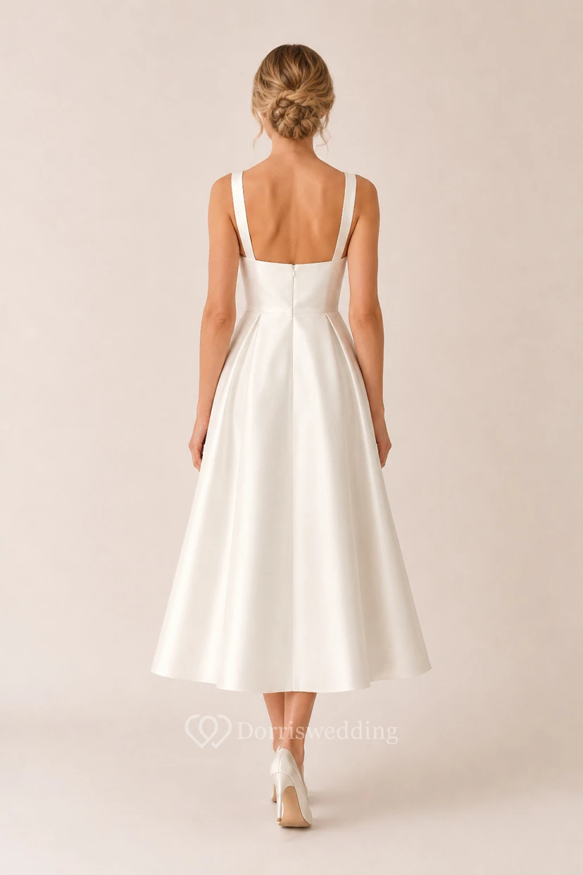 Satin-Brautkleid mit eckigem Ausschnitt und Teelänge sowie A-Linien-Rock view 2