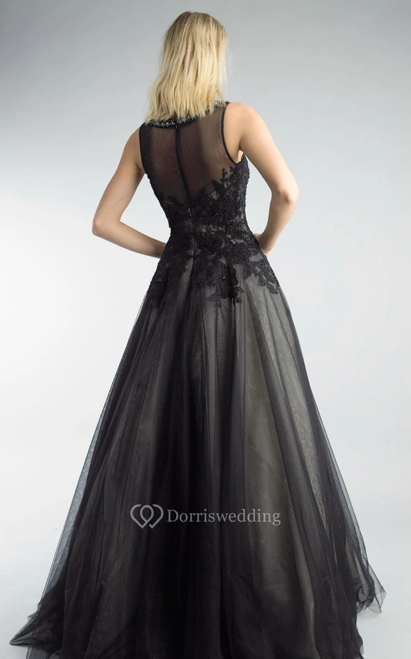 A-line Floor-length High Neck Sleeveless Tulle Illusion Dress view 2