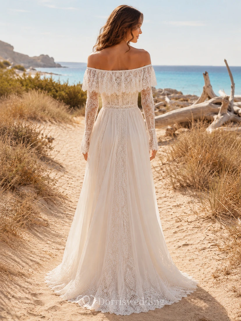 Boho-Hochzeitskleid im ibizenkischen A-Linien-Stil mit schulterfreiem Oberteil und langen Häkelärmeln und view 2