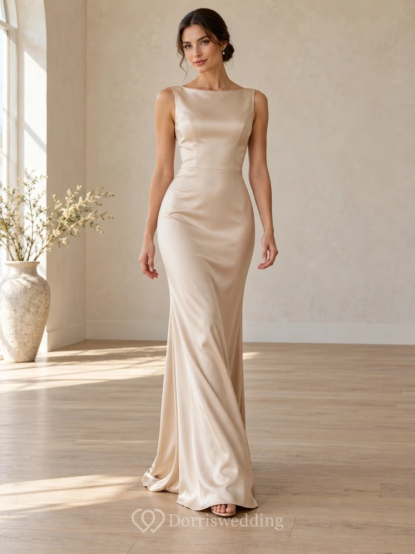 Simple Champagne Boat Neck Satin Sleeveless Fitted Formal Evening Gown