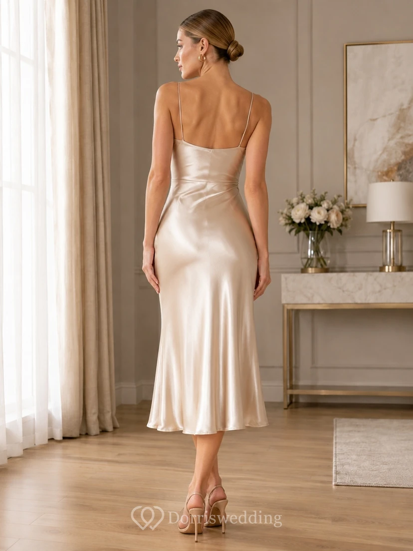 Vestido midi ajustado sin mangas con cuello drapeado de satén color champán para ocasiones especiales view 2