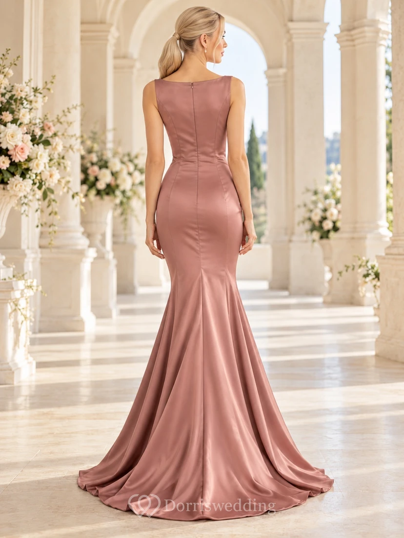 Simple Dusty Rose Boat Neck Satin Sleeveless Mermaid Evening Gown view 2