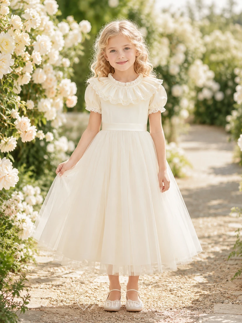 Bow Back Tulle A-Line Flower Girl Dress with Jewel Neck and Tea-Length Skirt