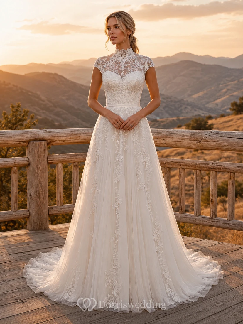 Modest High Neck Cap Sleeve Floral Lace A Line Chapel Wedding Gown