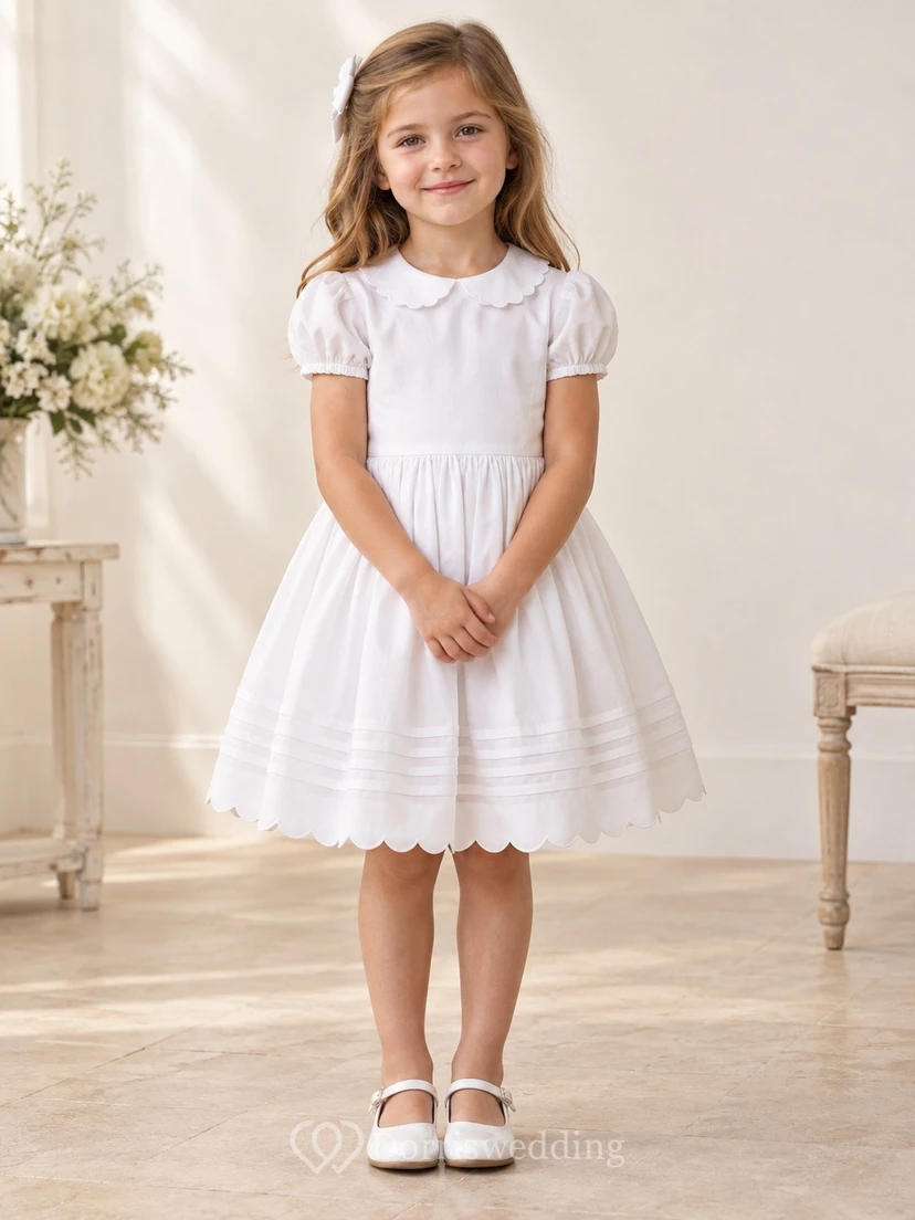 Vintage White Knee-length Scalloped Peter-Pan Collar Short Puff Sleeves Close-Tucked Gathered Rounded-Hem Button-Back Flowergirl Dress