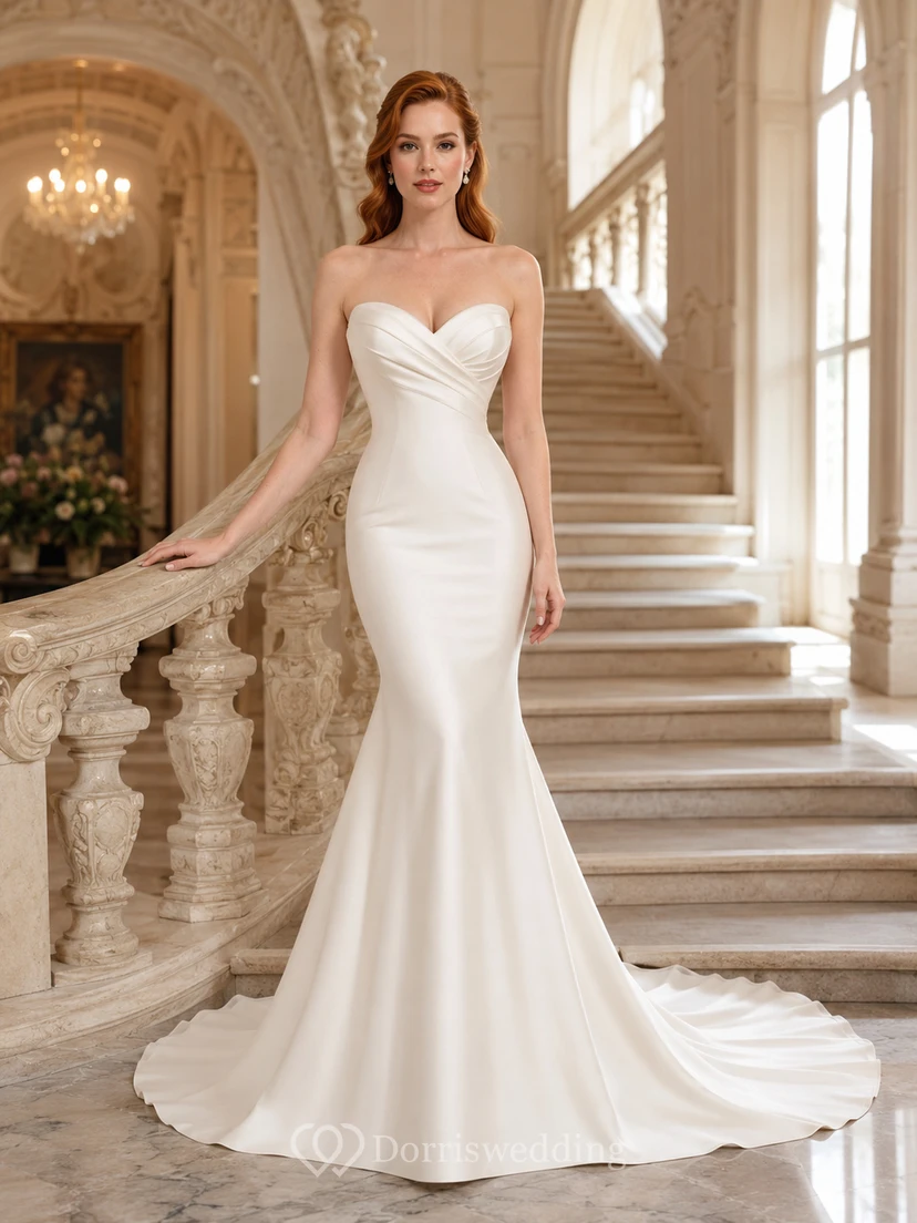 Robe de mariée sirène en satin, bustier, longue jusqu'au sol, dos nu plongeant.