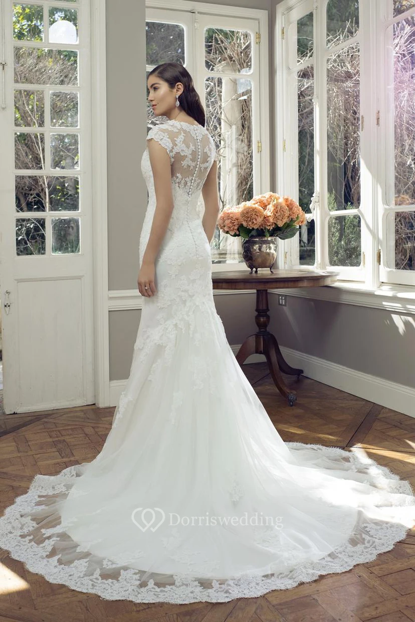 Sheath Cap-Sleeve V-Neck Lace Wedding Dress Styles With Illusion view 2