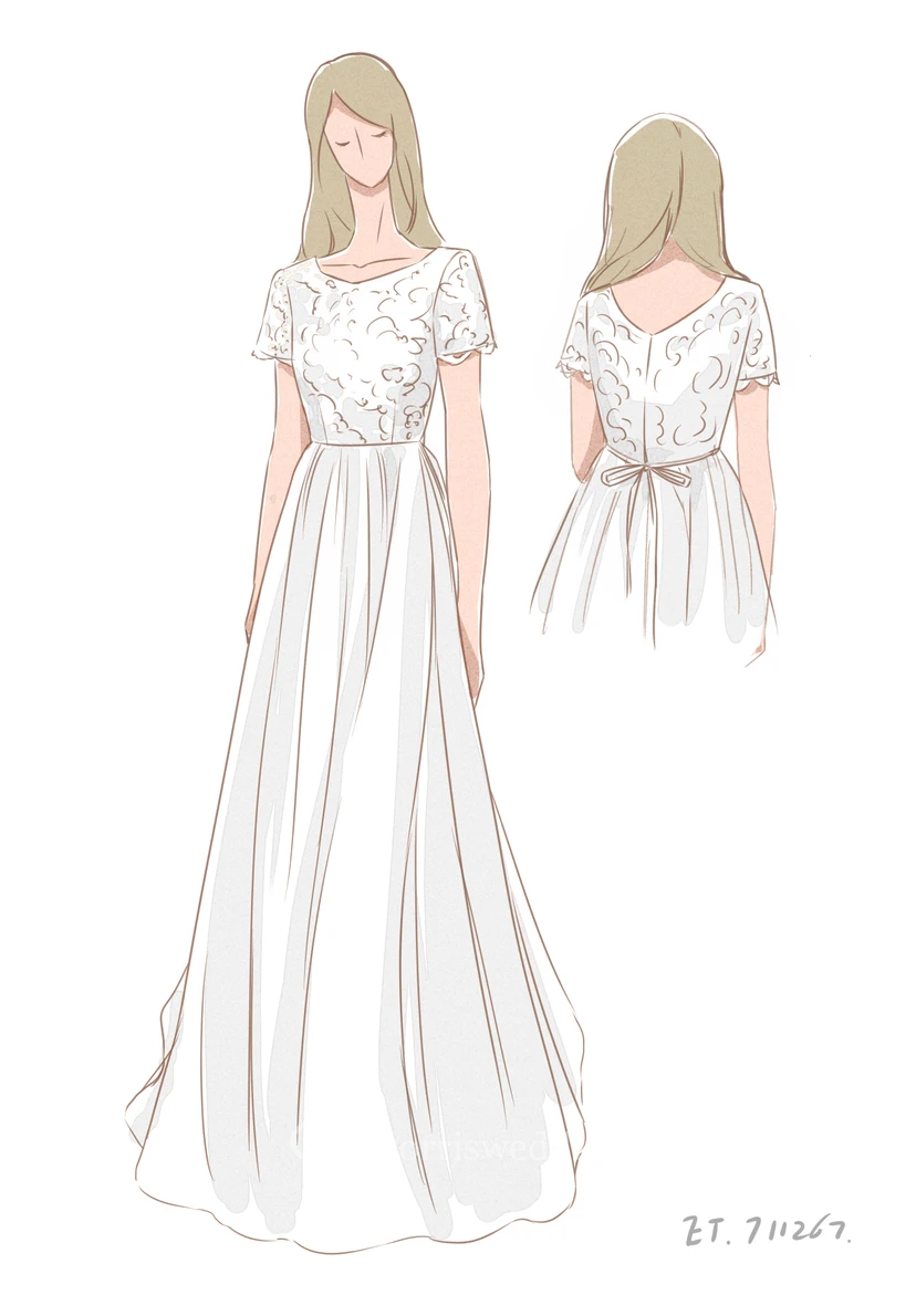 Short Sleeve V-Neck A-Line Lace and Tulle Dress With Pleats view 4