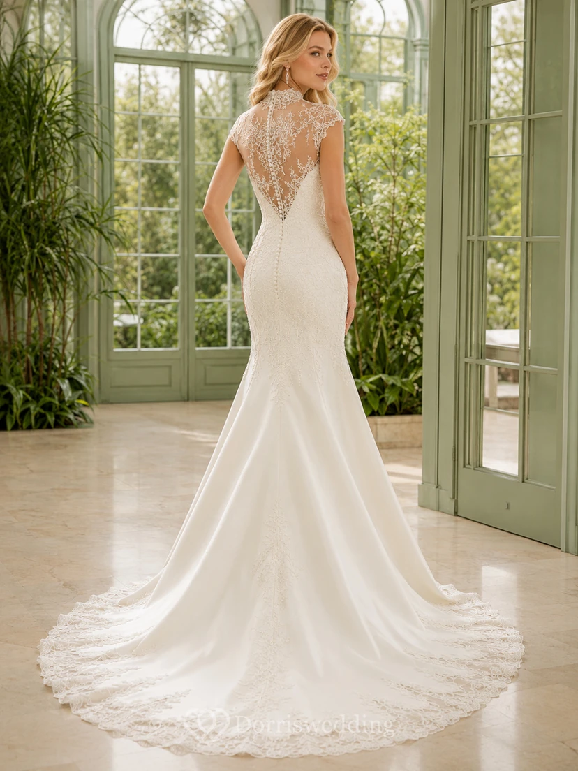 High Neck Illusion Lace Cap Sleeve Mermaid Chapel Train Wedding Dress view 2