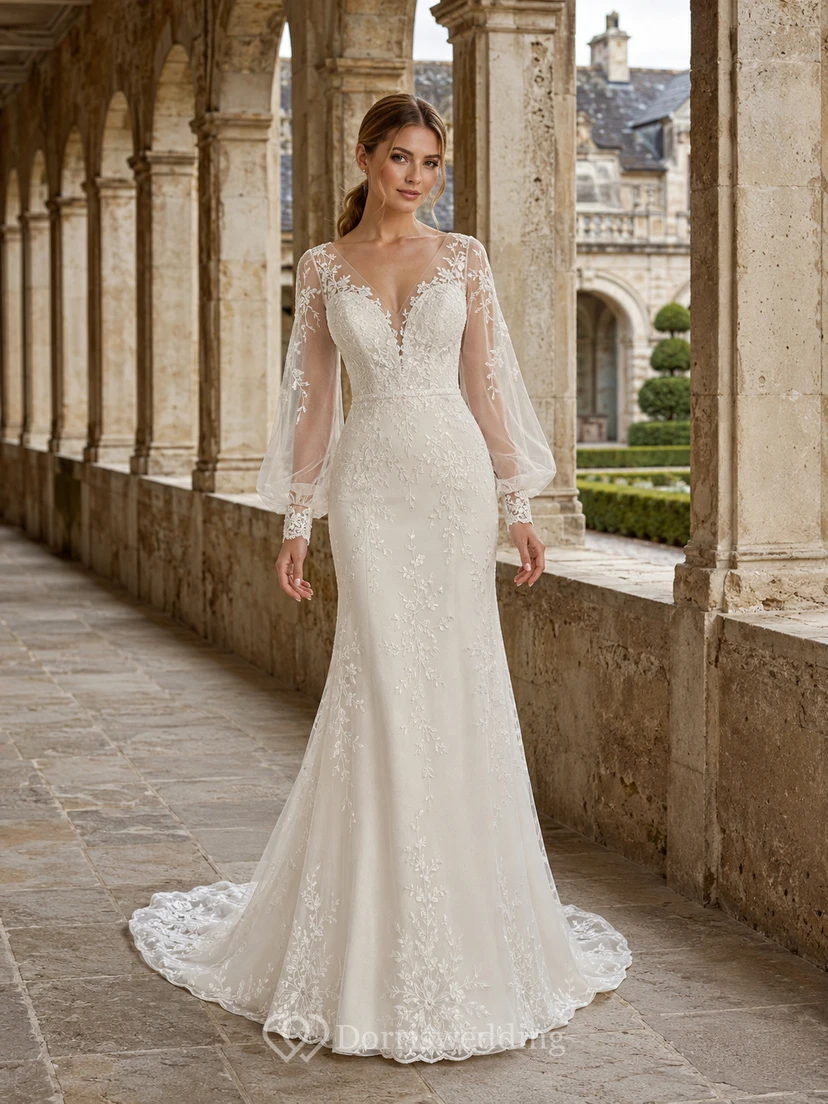 Illusion Poet Sleeve Lace Mermaid Manor Elopement Gown