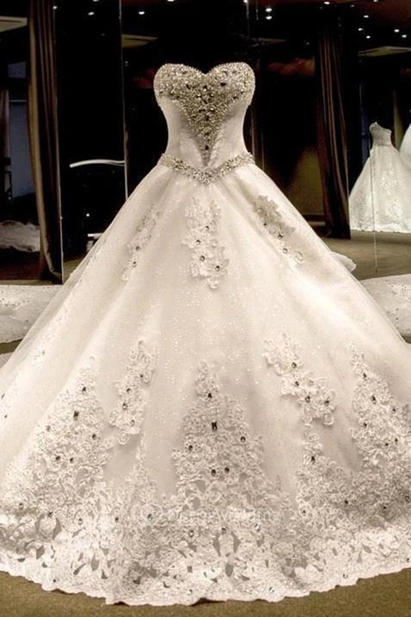 Luxurious Sweetheart Ball Gown Wedding Dress Crystal Beadings Long Train view 7