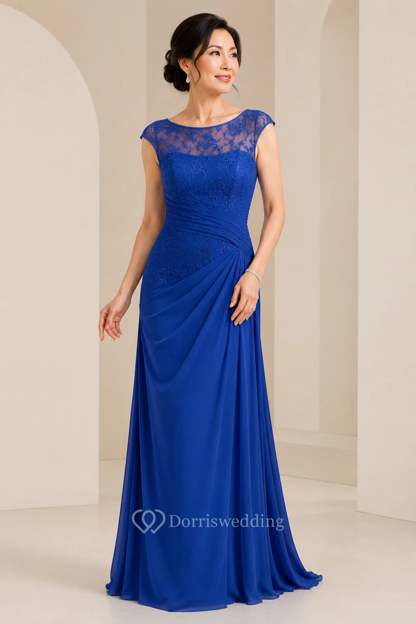 Chiffon-Etui-Kleid mit Rundhalsausschnitt und seitlicher Drapierung, das die Mutter der Braut ziert view 12