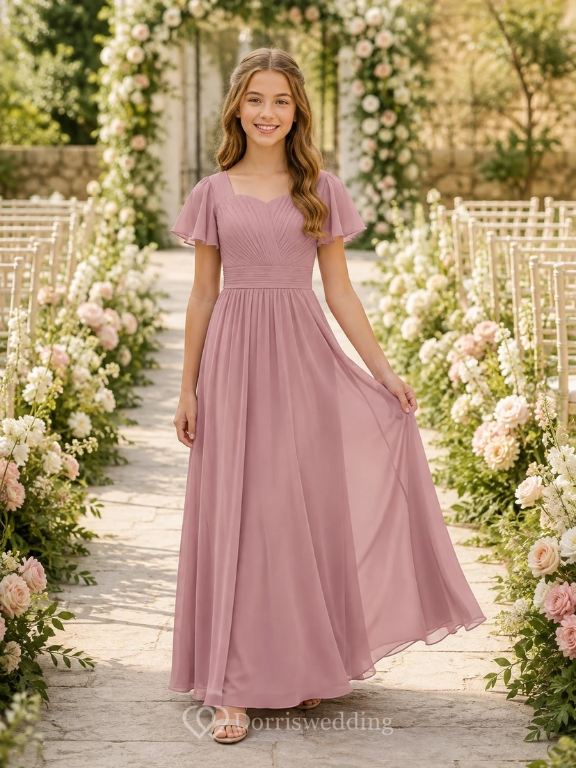Elegantes Brautjungfernkleid in Altrosa, A-Linie, herzförmiger Schnitt, kurze Ärmel, aus Chiffon in Blütenblattform
