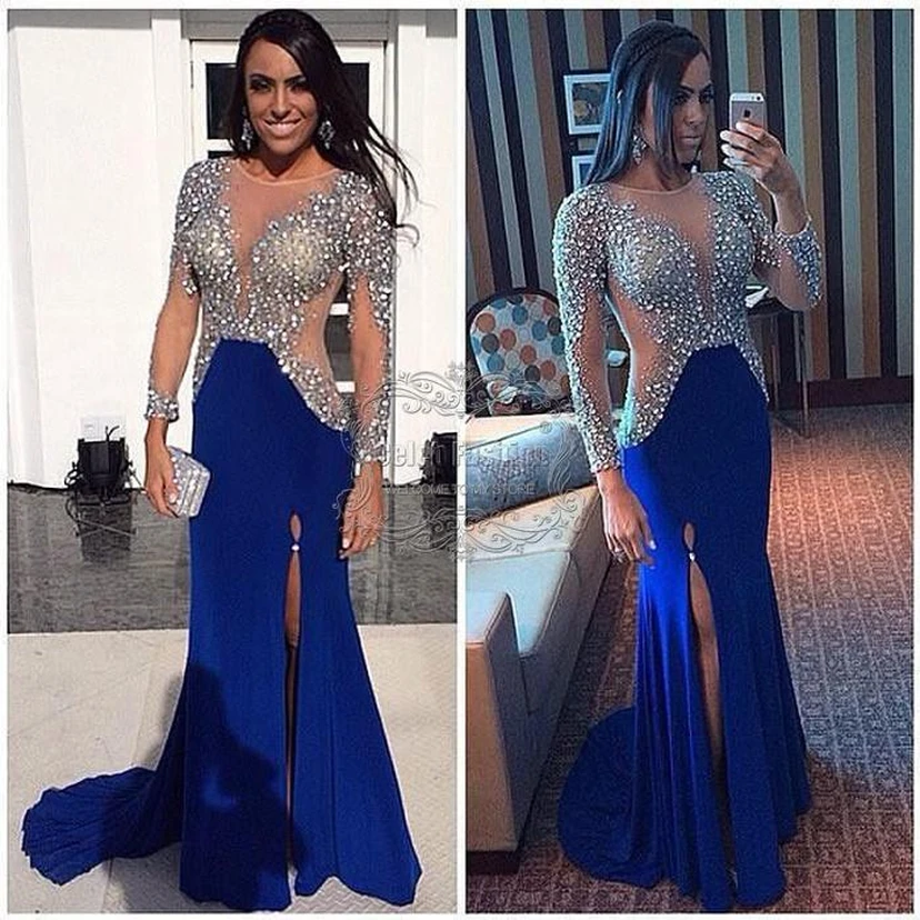 Glamorous Long Sleeve Royal Blue Prom Dresses Crystals With Slit view 2
