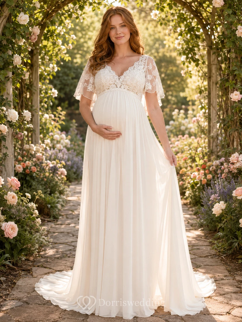 Robe de mariée de maternité à col en V et manches papillon en dentelle, robe de mariée champêtre