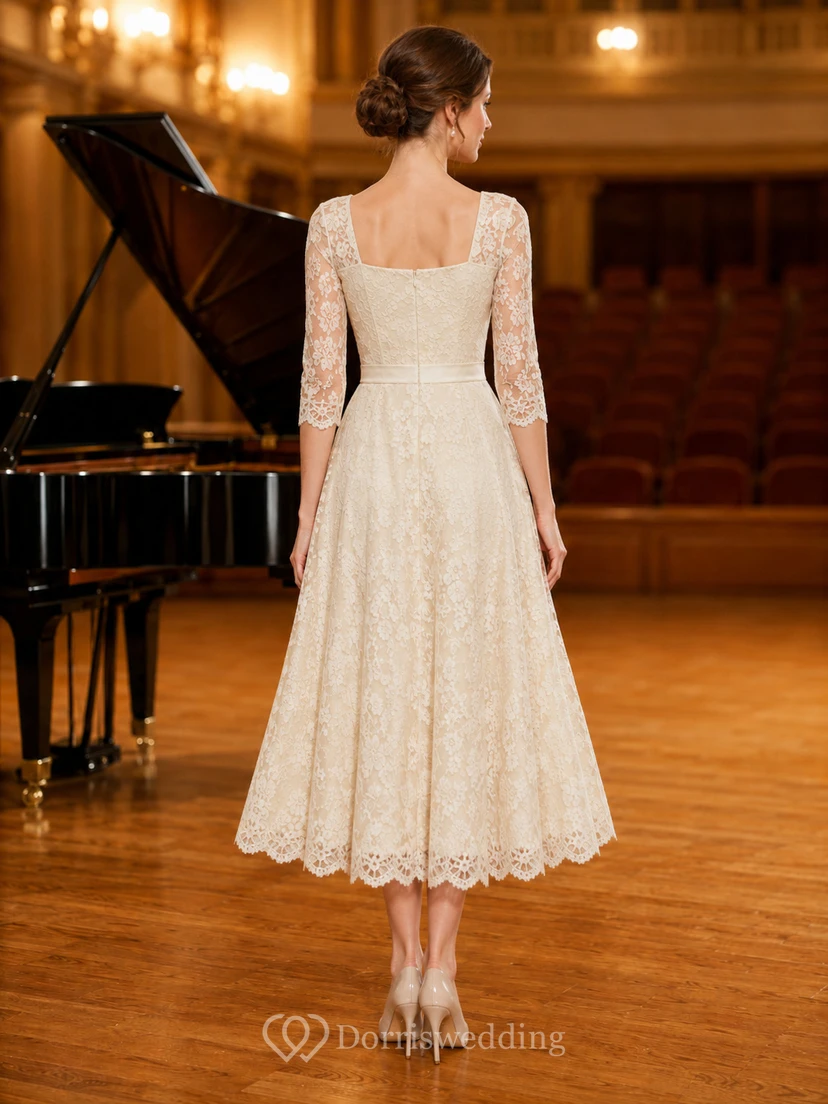 Robe midi de récital en dentelle ivoire à col carré et manches longues view 2