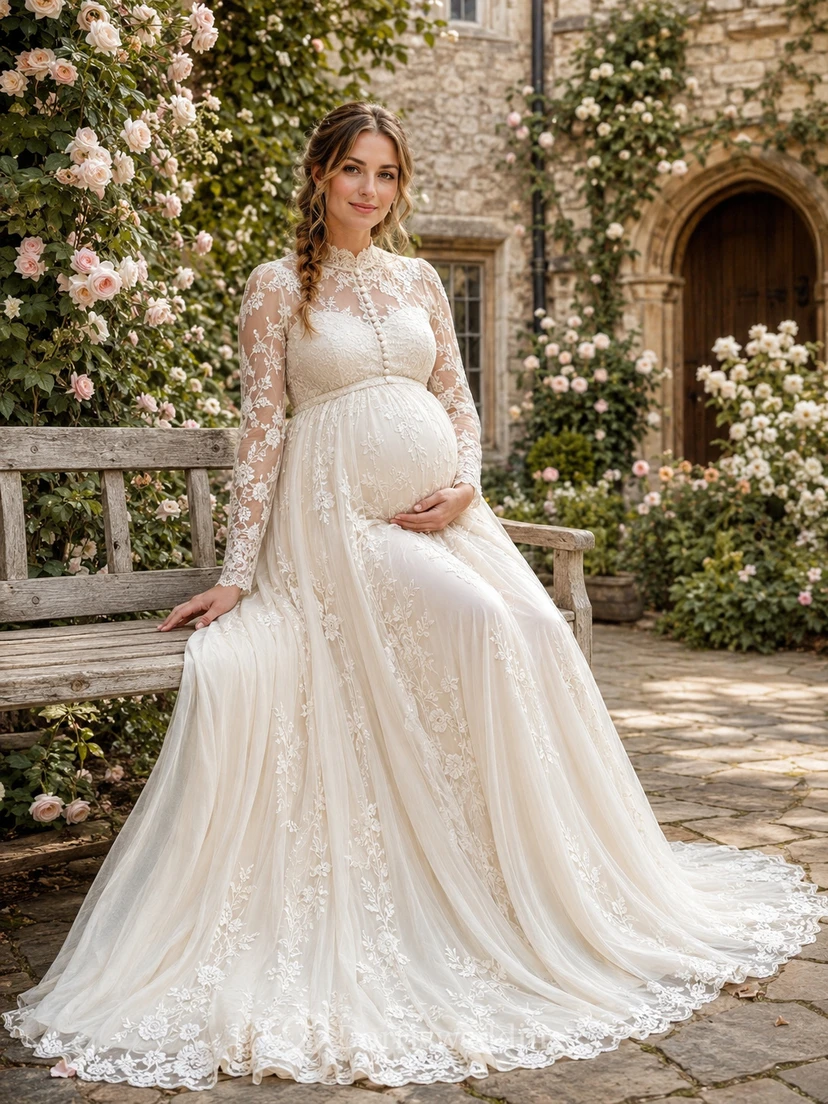 Umstandskleid mit hohem Kragen, langen Spitzenärmeln und Schloss-Hochzeitskleid