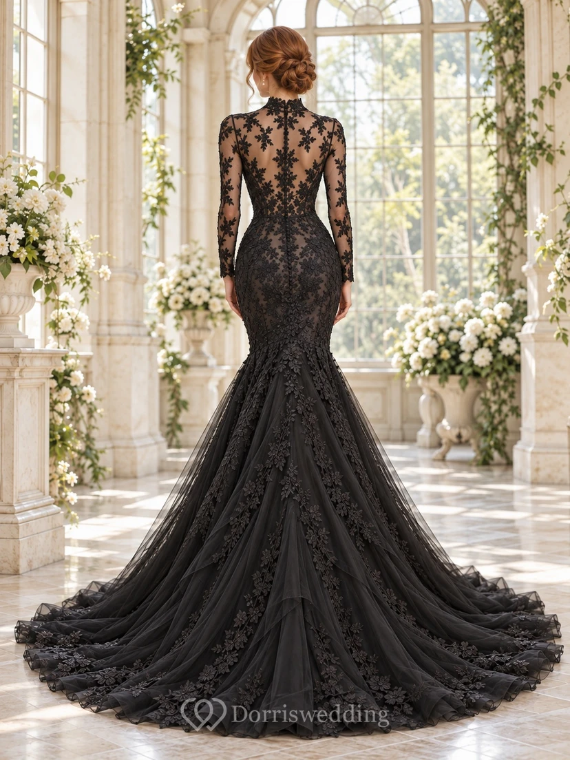 Black Mermaid Long Sleeve High Neck Lace Panel Wedding Dress view 2