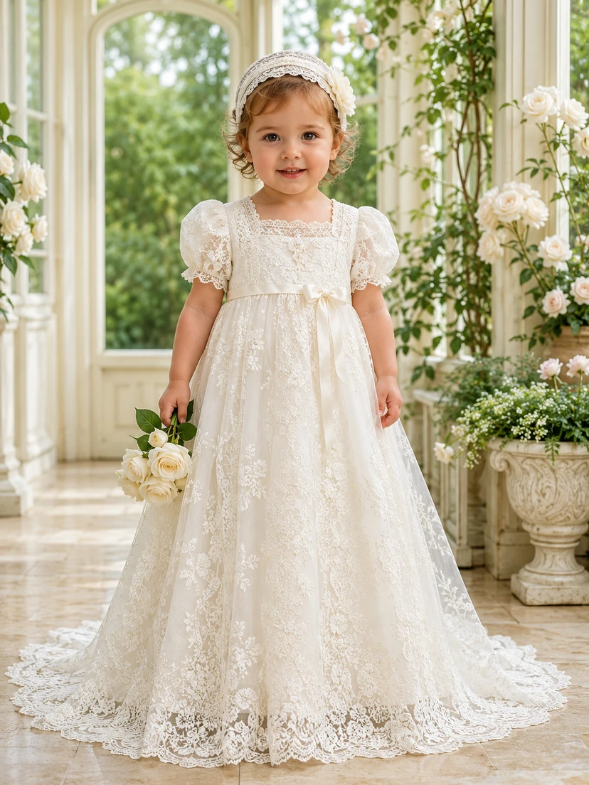 Vestido de lujo estilo reliquia para ceremonia de bautizo de bebé. Corte en A, largo hasta el suelo, cola larga, cuello alto, mangas cortas, encaje de tul, lazo en la espalda y botones en la espalda.