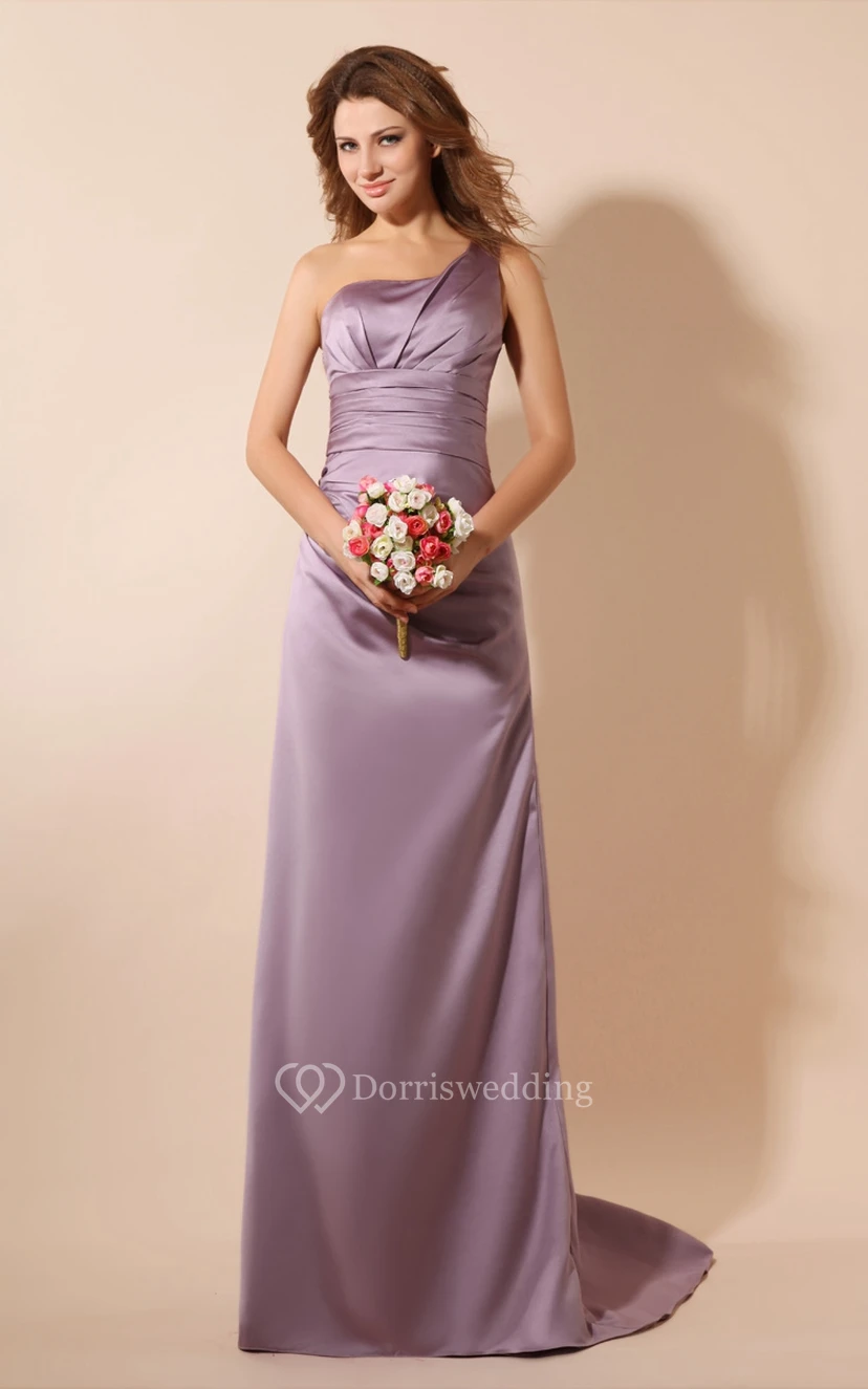 One-Shoulder Satin Floor-Length Dress With Brush Train view 2