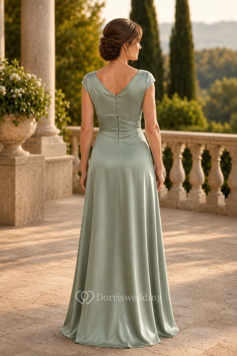 Salbeigrünes Satin-Mutterkleid in A-Linie mit Wasserfallausschnitt und kurzen Ärmeln view 2