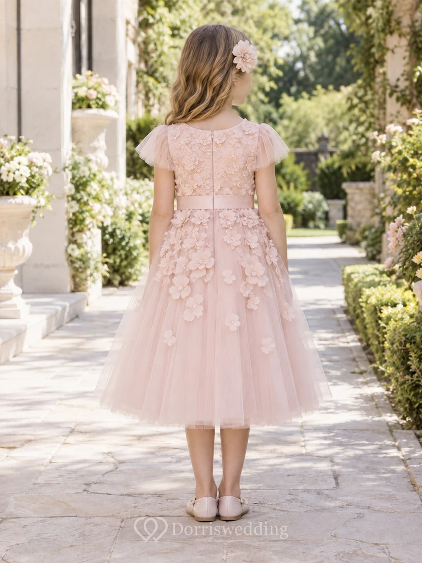 Tea-length Pearl Pink Flutter Sleeve Raised Floral Tulle A-line Flower Girl Dress view 2