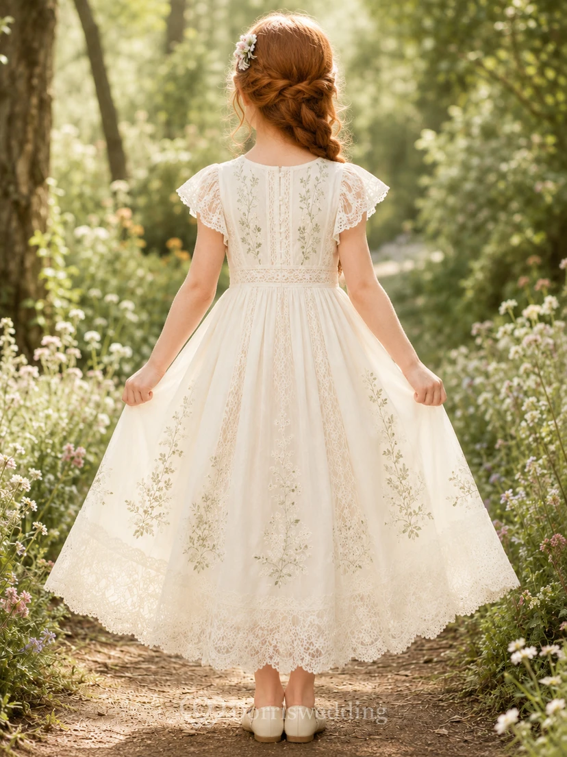Romantisches Boho-Gartenkleid aus Tüll mit Blumenstickerei, Teelänge und Blütenblattärmeln view 2