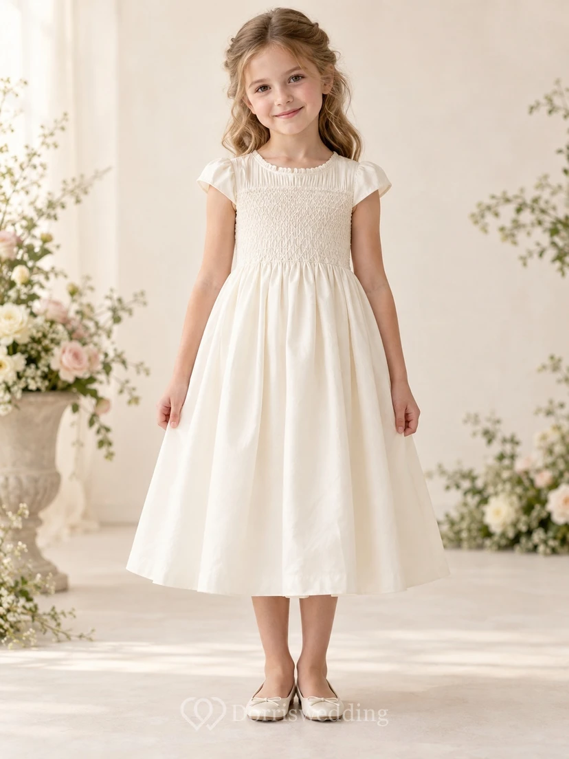 Tea-length Country Simple Ivory A-line Smocked Cap-sleeve Gathered Flower Girl Dress