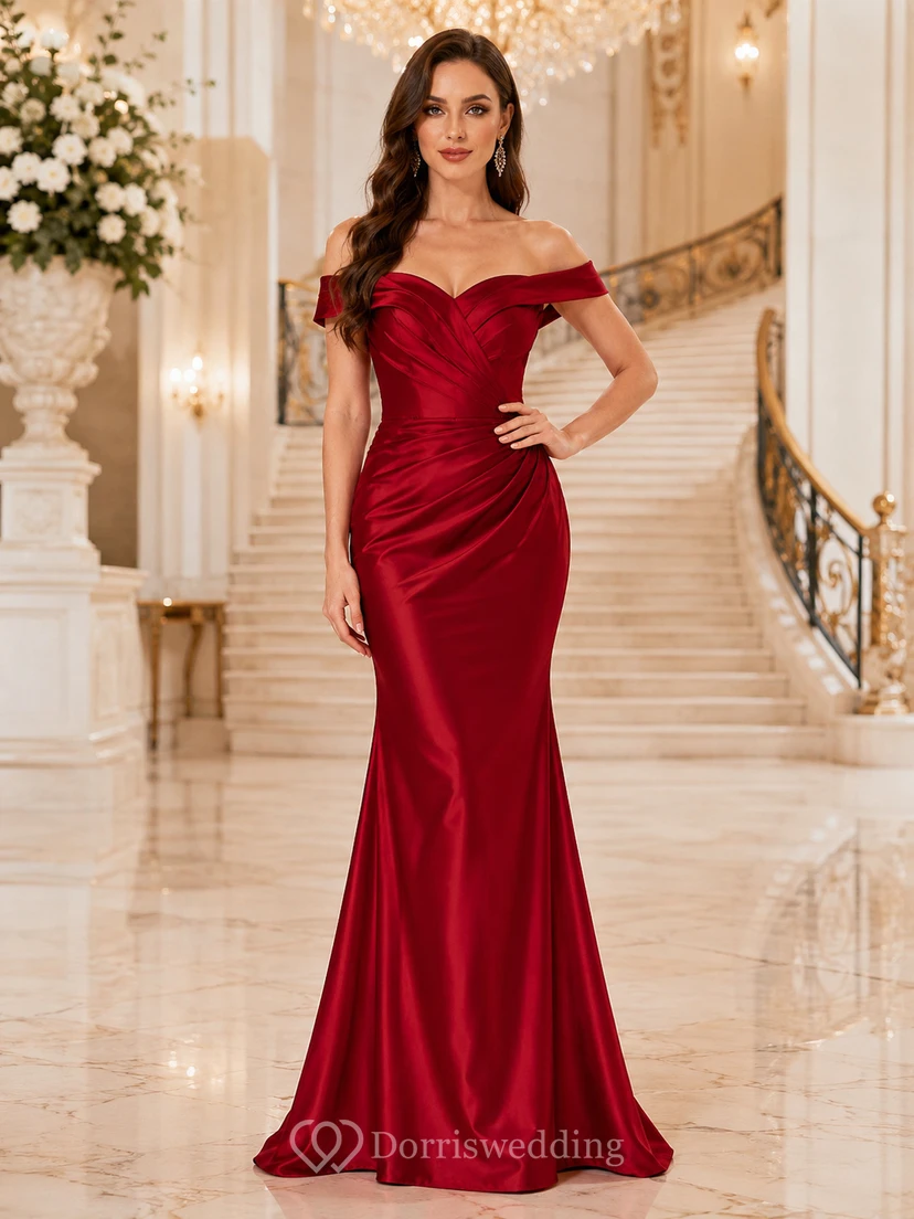 Vestido de noche largo hasta el suelo, de satén rojo, con escote corazón, mangas cortas y fruncido, estilo sirena.