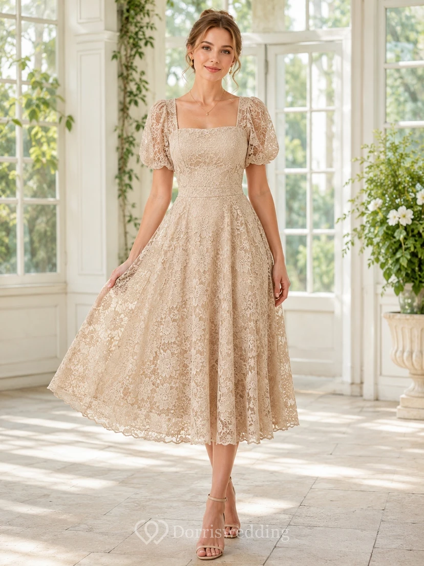 Beige Lace Square Neck Puff Sleeve Tea-length A-Line Romantic Guest Dress