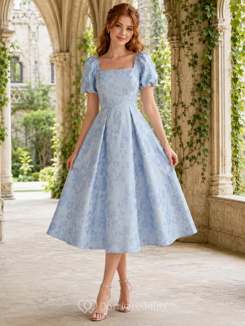 Castle Sky Blue Square Neck Jacquard Organza A-Line Tea-Length Puff Sleeve Dress