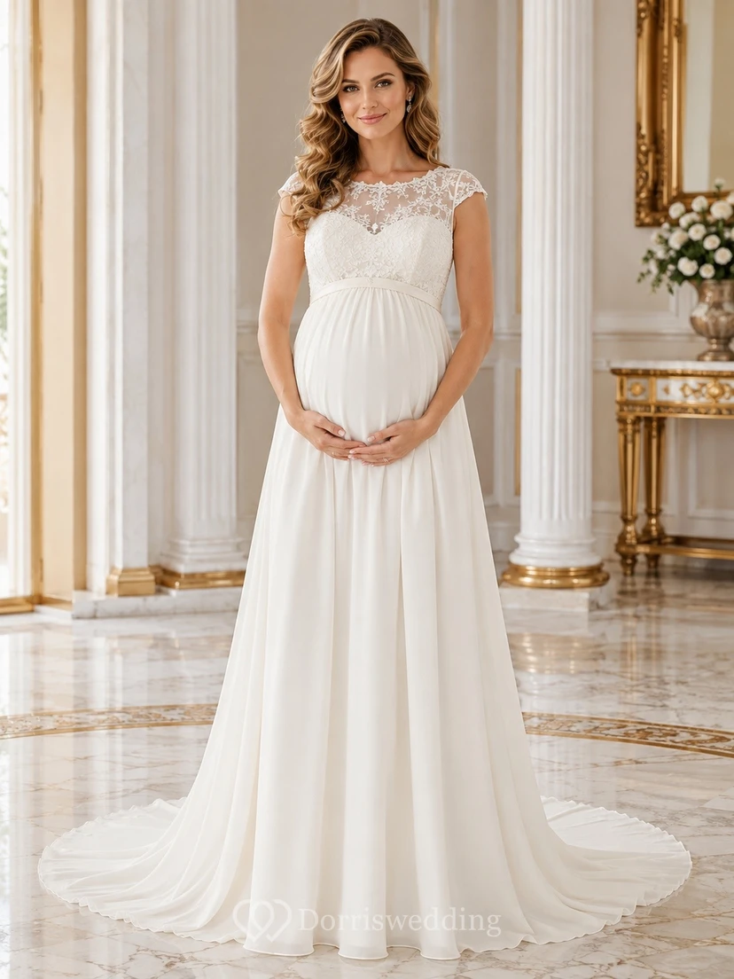Elegante vestido de novia premamá de corte A con encaje y mangas cortas