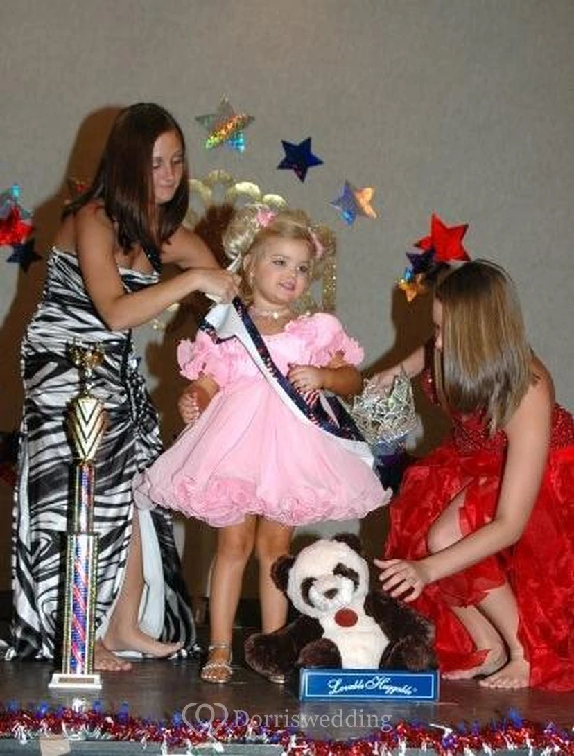 Lovely Short Pink Flower Girl Dress With Ruffles Flowers view 3